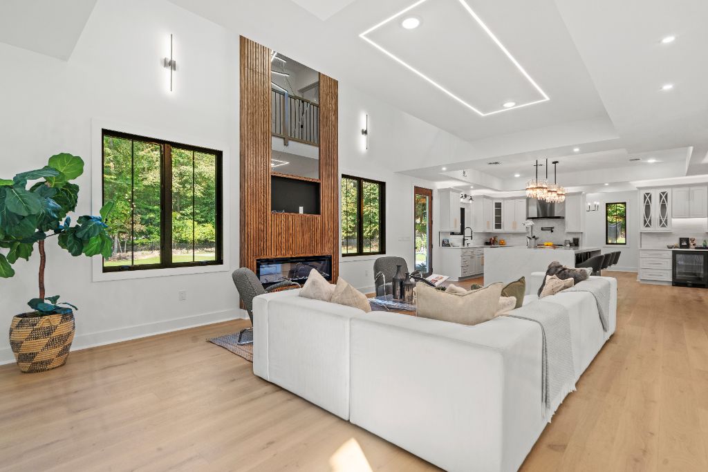 Brook Road Residence, Living · fireplace wall