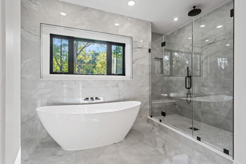 Brook Road Residence, Primary bath · marble